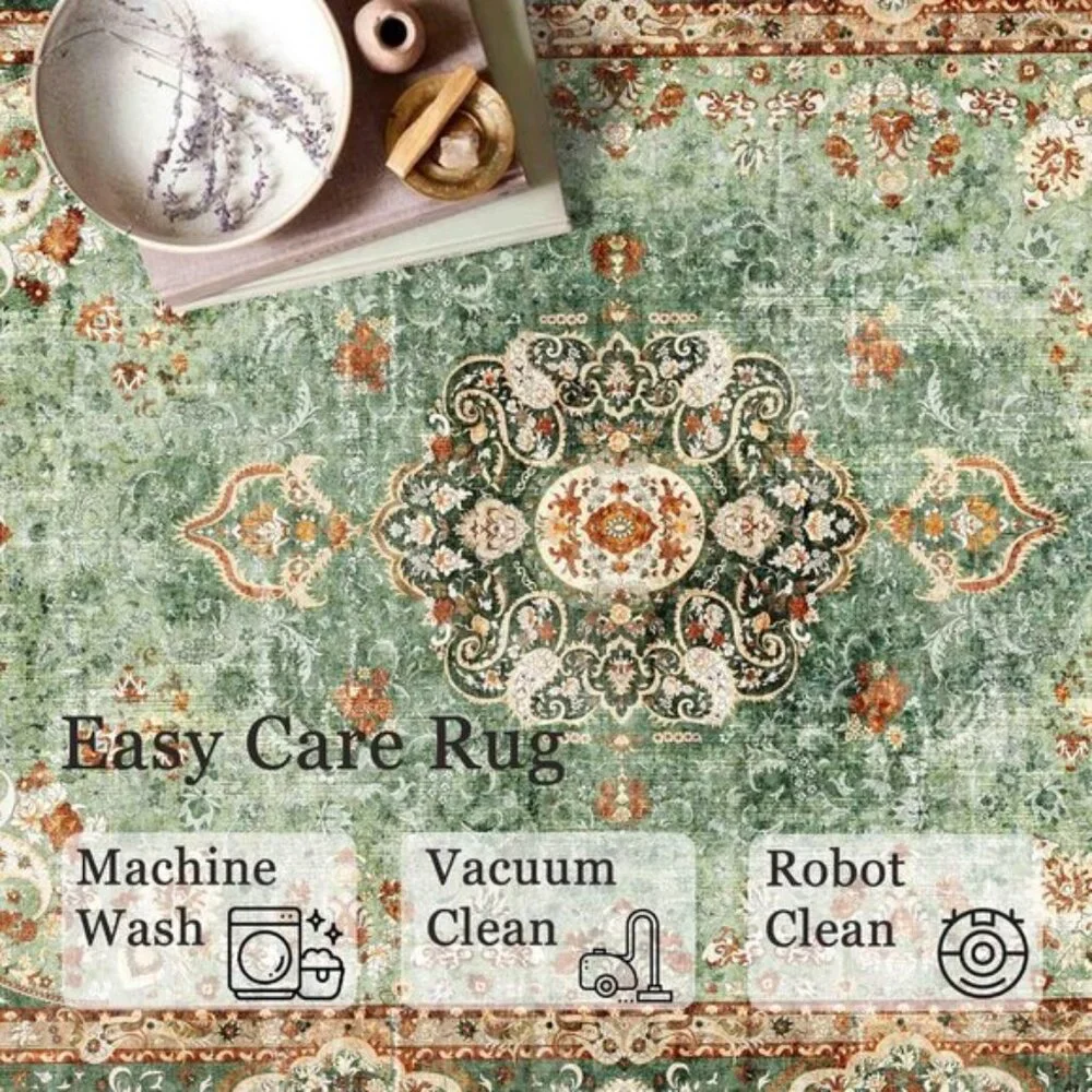 New 3x5 Green Area Rug, Washable Vintage Distressed Non-Slip Carpet for Home